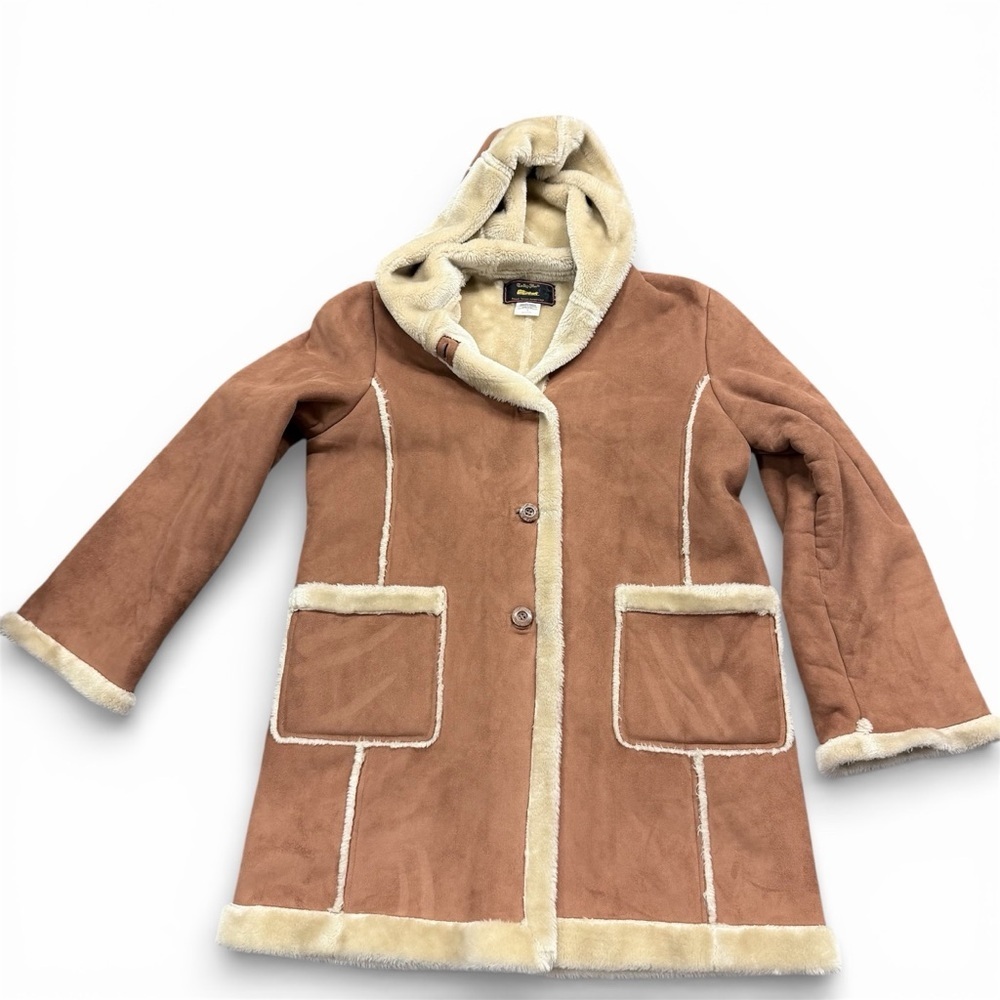 Vintage Tally-Ho Faux Shearling Suede Hooded Coat size large